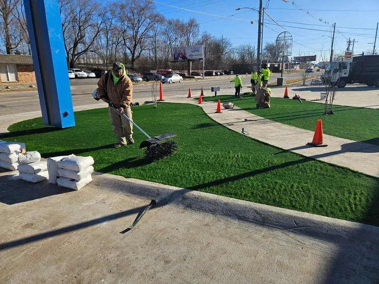 Freshly installed synthetic turf lawn